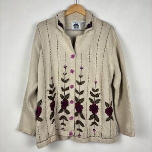 Vintage Storybook Knits Cream Floral Cardigan 1X Cottagecore Fairy Whimsical